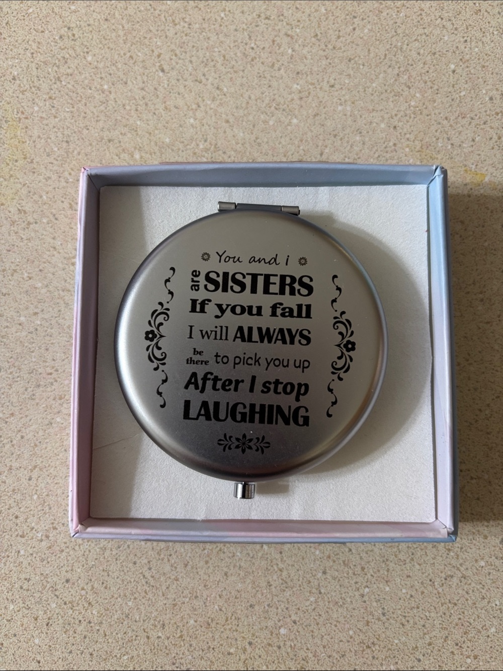Round Silver Compact Mirror with Sister Quote